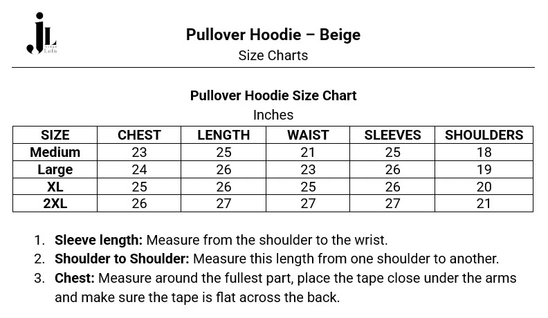 chart for size measurments for jeengalala huddies